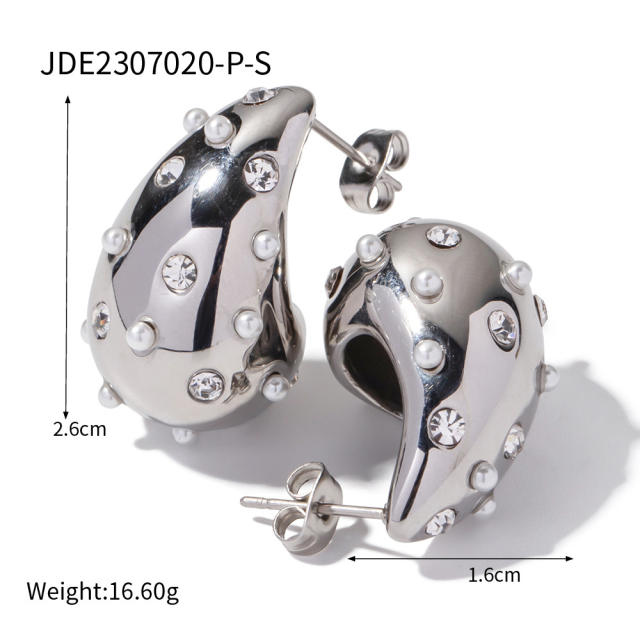 18KG chunky drop shape pearl cubic zircon bead stainless steel studs earrings