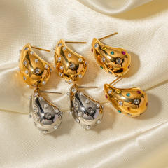 18KG chunky drop shape pearl cubic zircon bead stainless steel studs earrings