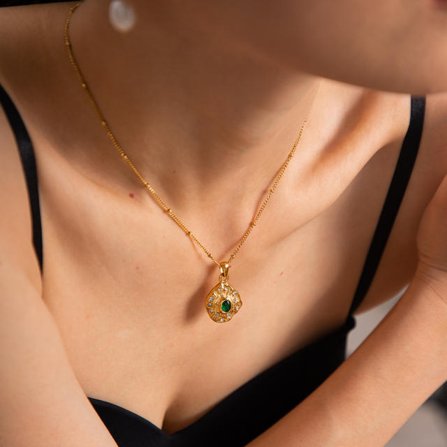 18KG vintage emerald statement pearl drop stainless steel necklace set
