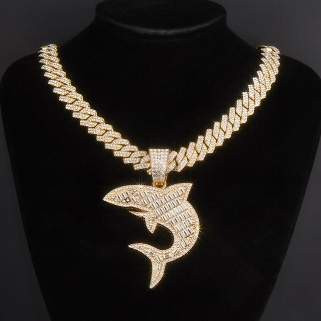 Hiphop diamond shark pendant chunky cuban link chain choker necklace