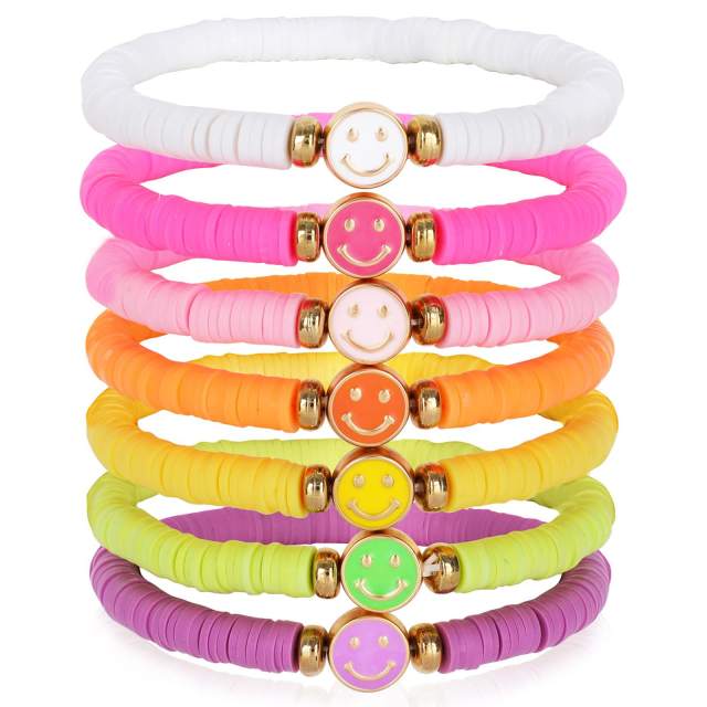 7pcs rainbow color clay bead smile face bracelet set