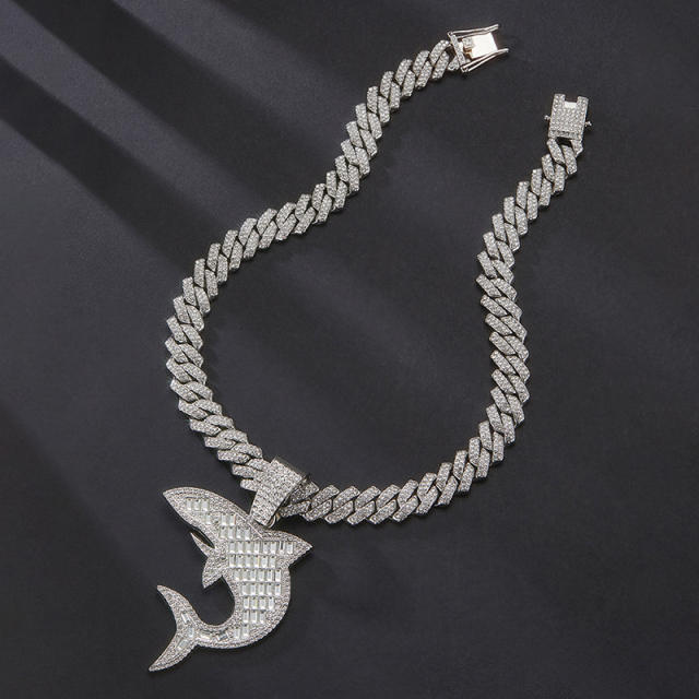 Hiphop diamond shark pendant chunky cuban link chain choker necklace