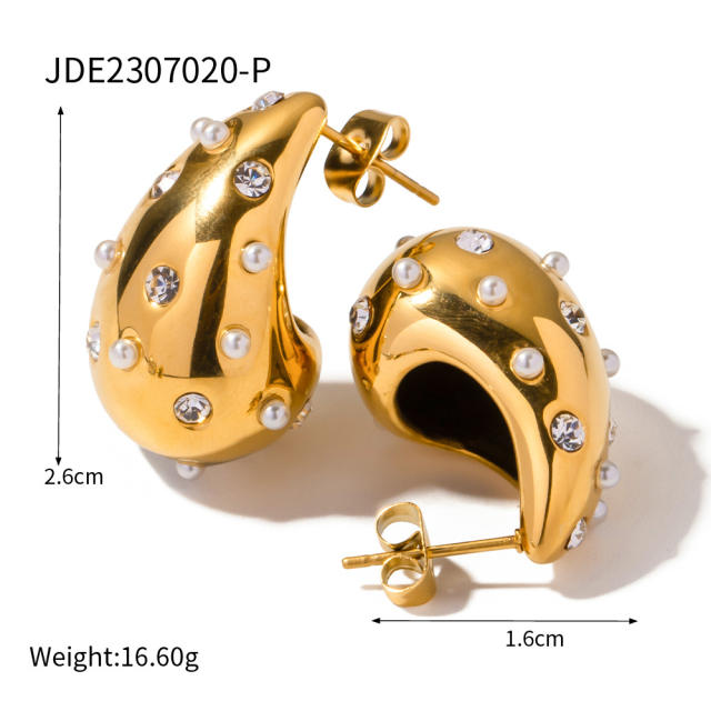 18KG chunky drop shape pearl cubic zircon bead stainless steel studs earrings