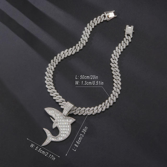 Hiphop diamond shark pendant chunky cuban link chain choker necklace