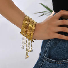Personality pearl bead tassek charm metal bold cuffs bangle for women