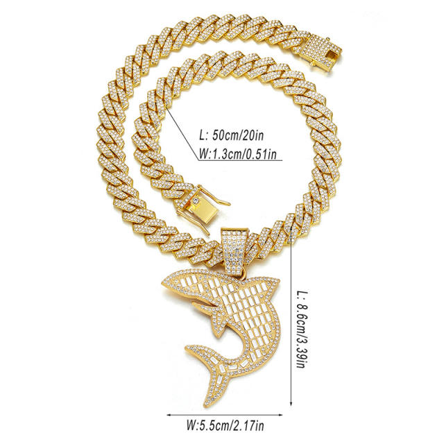 Hiphop diamond shark pendant chunky cuban link chain choker necklace