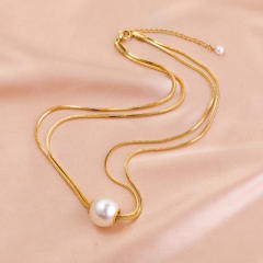Chic one pearl pendant stainless steel box chain necklace for women