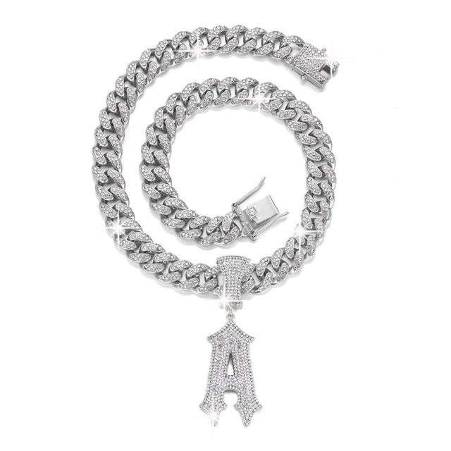 HIPHOP diamond inital A letter cuban link chain necklace