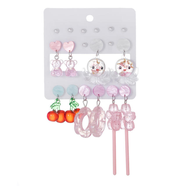 Sweet flower cherry octopus acrylic pink earrings set