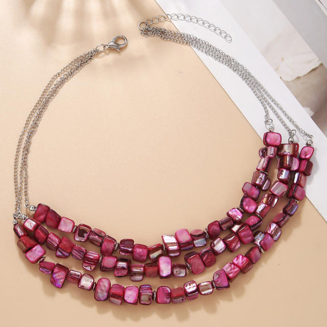 Vintage national trend colorful square bead three layer women necklace chunky
