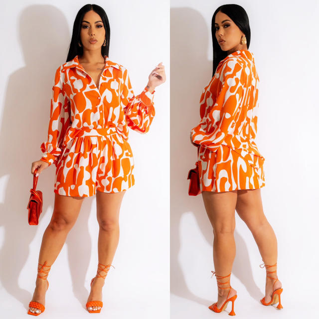 Summer hot sale orange green color pattern blouse shorts set