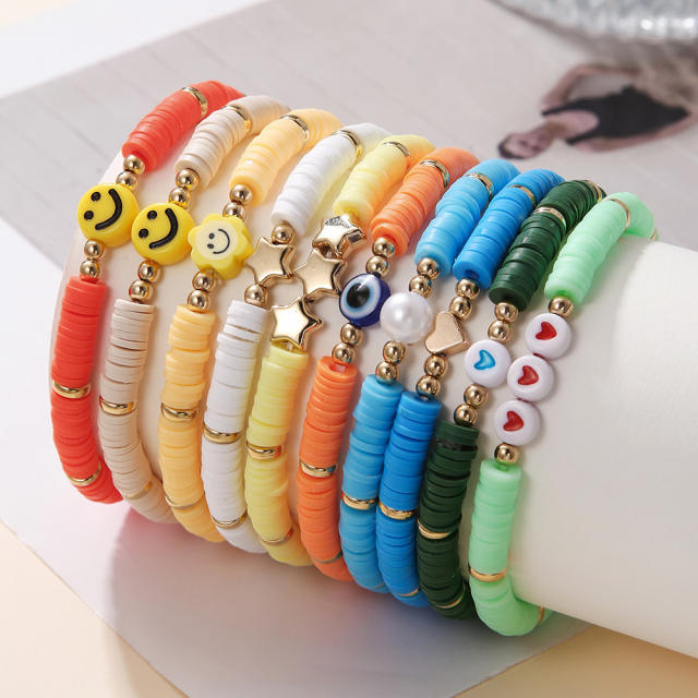 10pcs rainbow color clay bead smile face star bracelet set