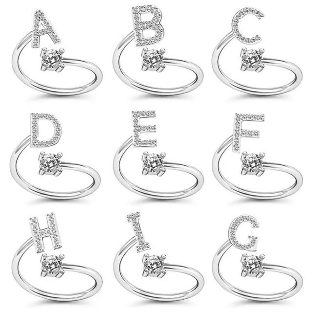 925 sterling silver diamond initial letter adjustable pinky rings finger rings