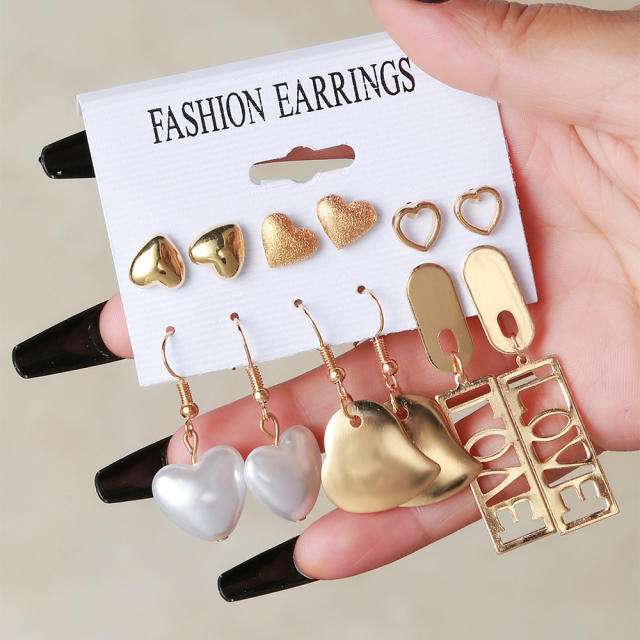 6pair hot sale gold color alloy hollow out leaf heart dangle earring set