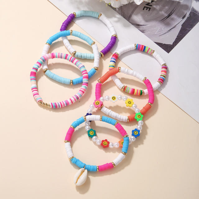 7pcs beach trend color clay bead shell charm bracelet set