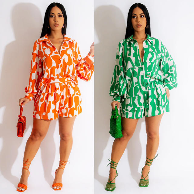 Summer hot sale orange green color pattern blouse shorts set