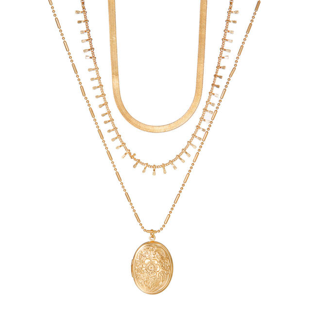 Vintage gold color three layer locket pendant women necklace