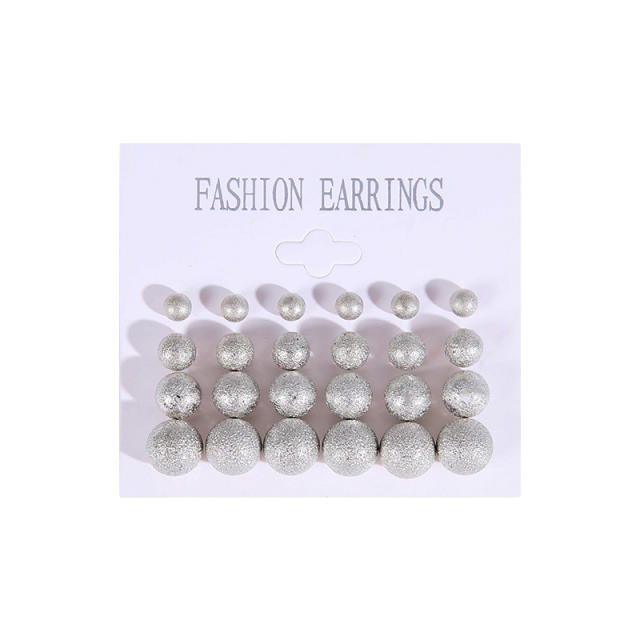 Easy match basic silver frost smooth ball bead studs earring set