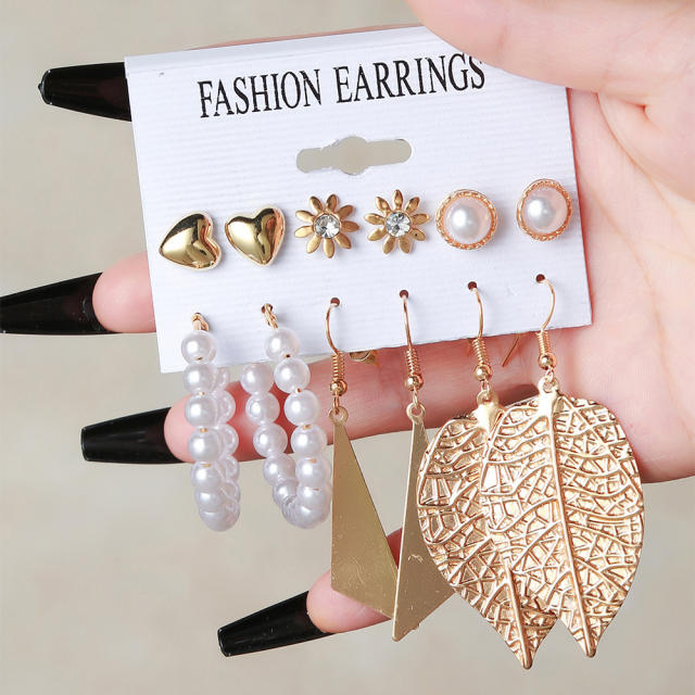 6pair hot sale gold color alloy hollow out leaf heart dangle earring set