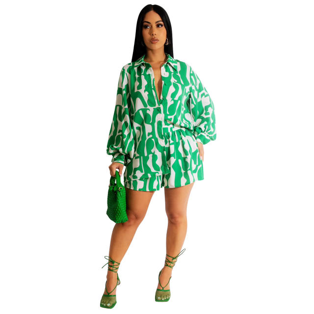 Summer hot sale orange green color pattern blouse shorts set