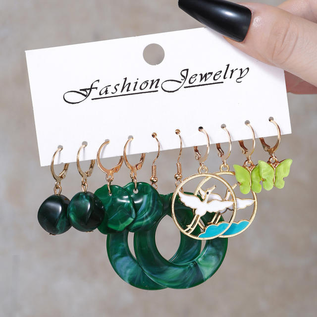 5pair green color series acrylic geometric circle earrings set