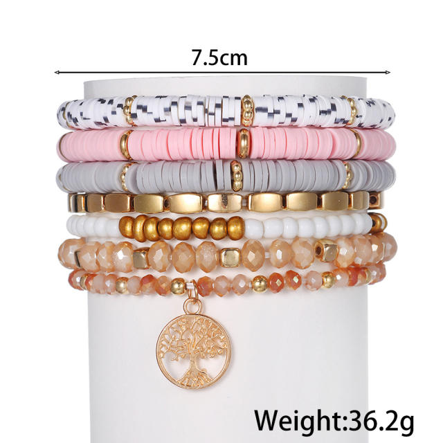 7pcs beach pink gray color bead clay bead life tree charm bracelet set