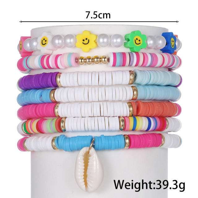 7pcs beach trend color clay bead shell charm bracelet set
