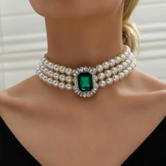 Classic emerald glass crystal pearl strand choker necklace