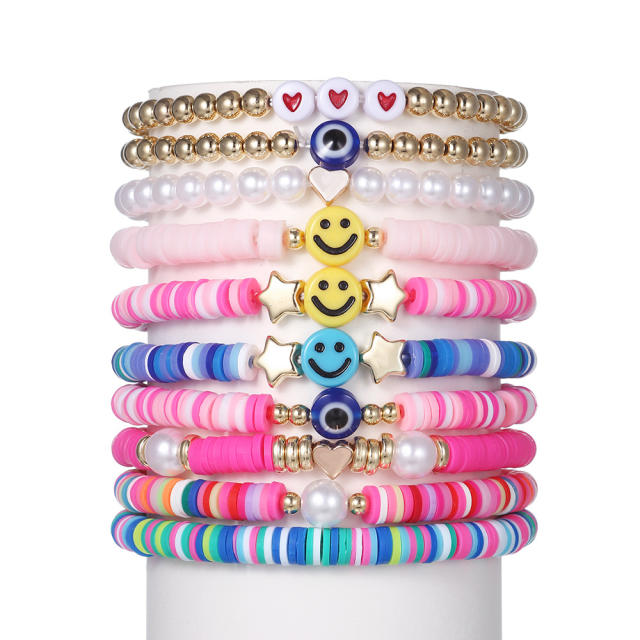 Hot sale colorful clay bead smile face beach bracelet set