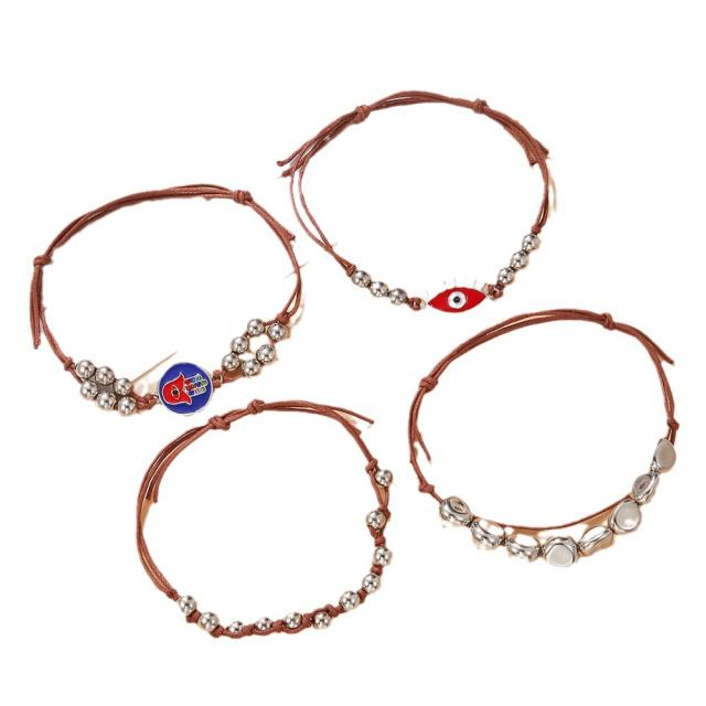 4pcs evil eye silver bead wax rope bracelet set