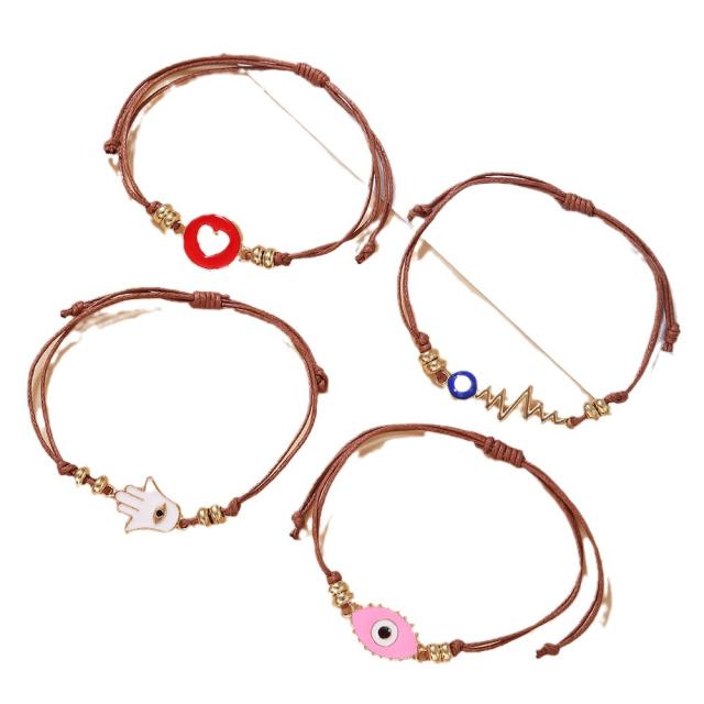 4pcs color enamel evil eye hasma hand wax rope bracelet set