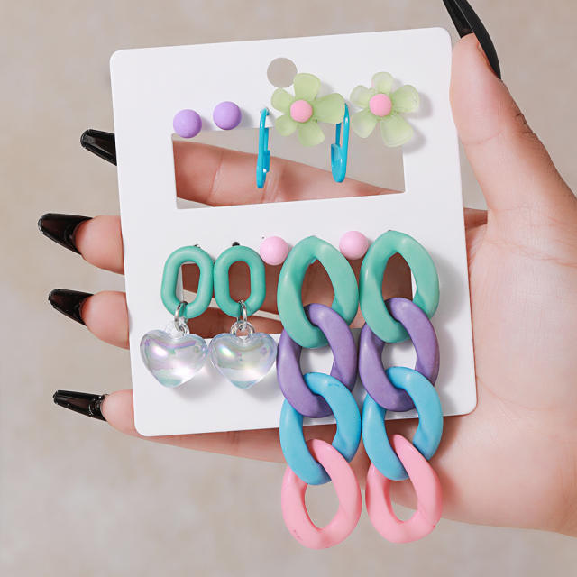 6pair candy color arylic chain Y2K earring set