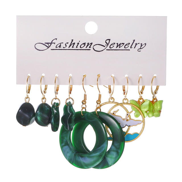 5pair green color series acrylic geometric circle earrings set