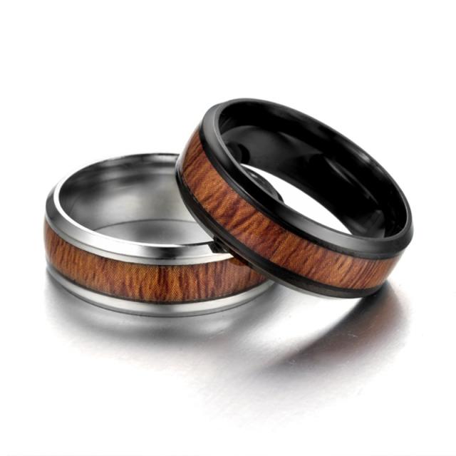 New design wood pattern mix stainless steel rings band for men