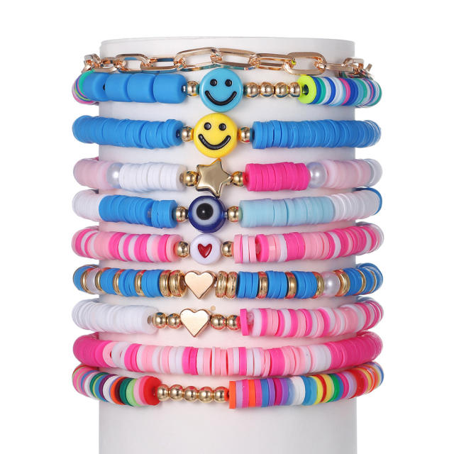 10pcs color clay bead smile face evil eye bead beach bracelet set