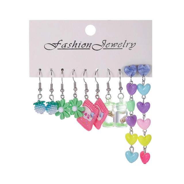 5pair candy color Y2K wish bottle heart dangle earrings set