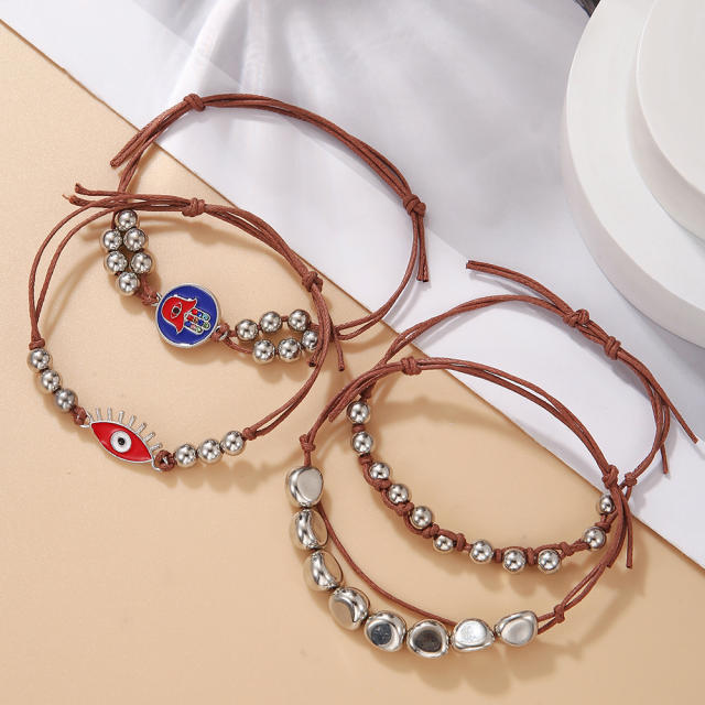4pcs evil eye silver bead wax rope bracelet set