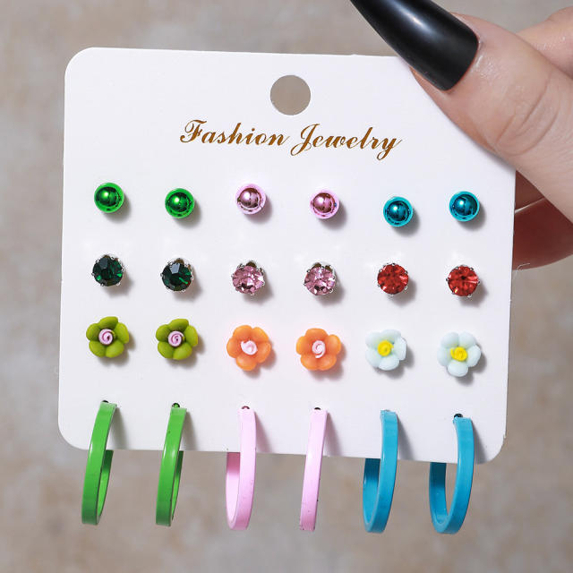 12 pair candy color painting flower hoop earrings set