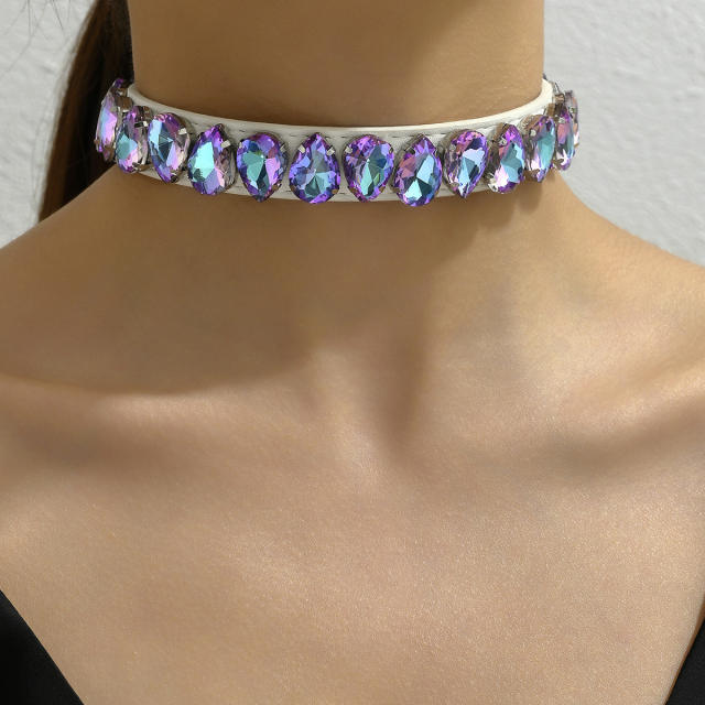 Punk trend glass crystal PU leather choker necklace