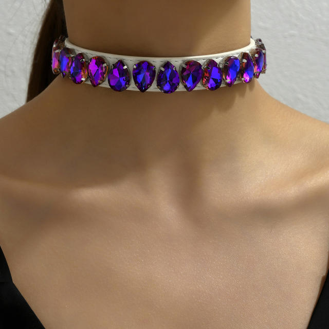 Punk trend glass crystal PU leather choker necklace