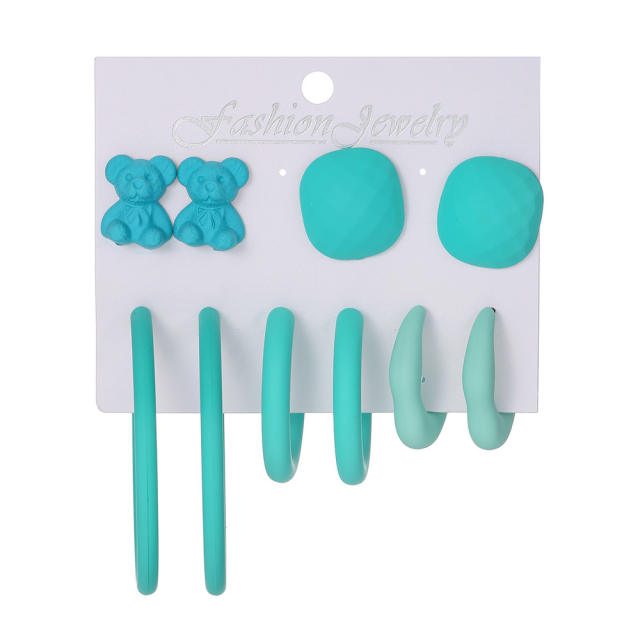 5 pair fresh blue color hoop earrings bear studs earring set