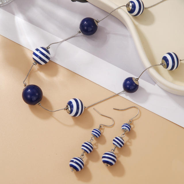 Holiday Blue white ocean series ball bead necklace earring set