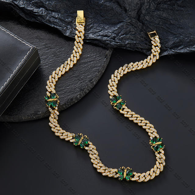 Hiphop green color cubic zircon butterfly iced out cuban link chain necklace bracelet set