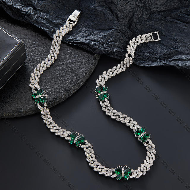 Hiphop green color cubic zircon butterfly iced out cuban link chain necklace bracelet set