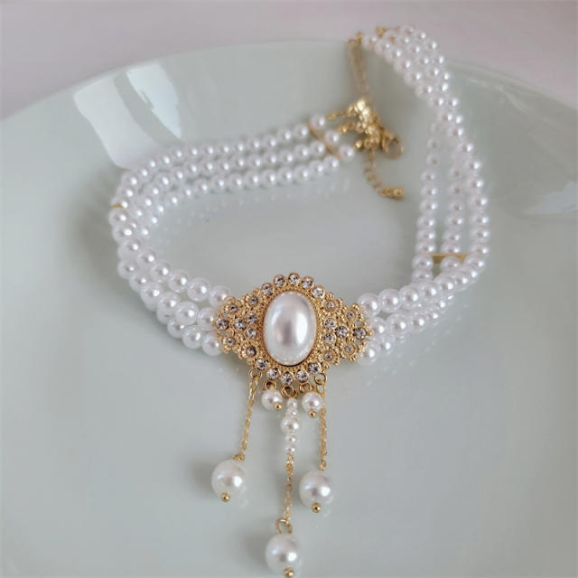 Vintage pearl tassel strand choker necklace