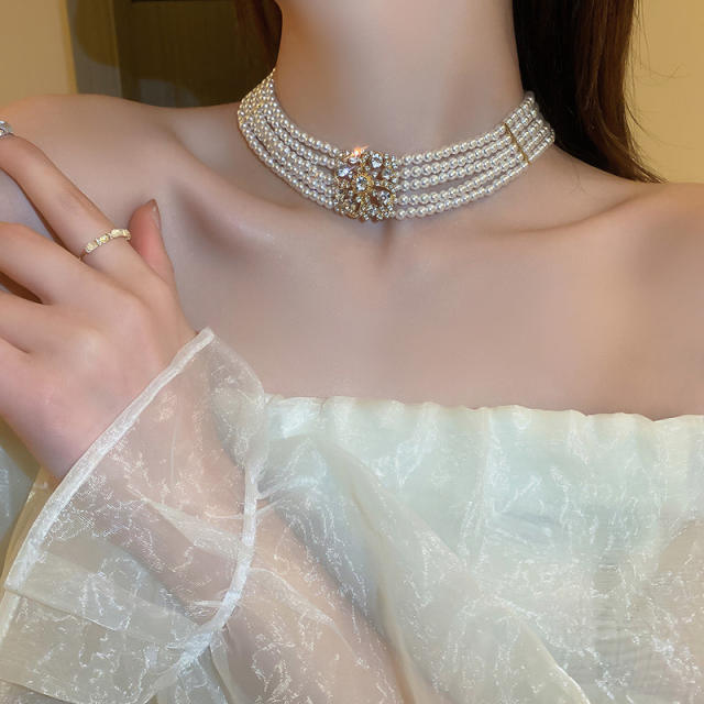 Luxury square shape cubic zircon vintage pearl choker necklace