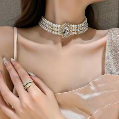 Vintage oval shape cubic zircon pearl strand choker necklace