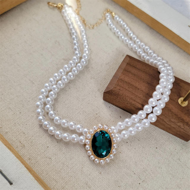 Elegant emerald oval shape pearl strand choker necklace earrings set