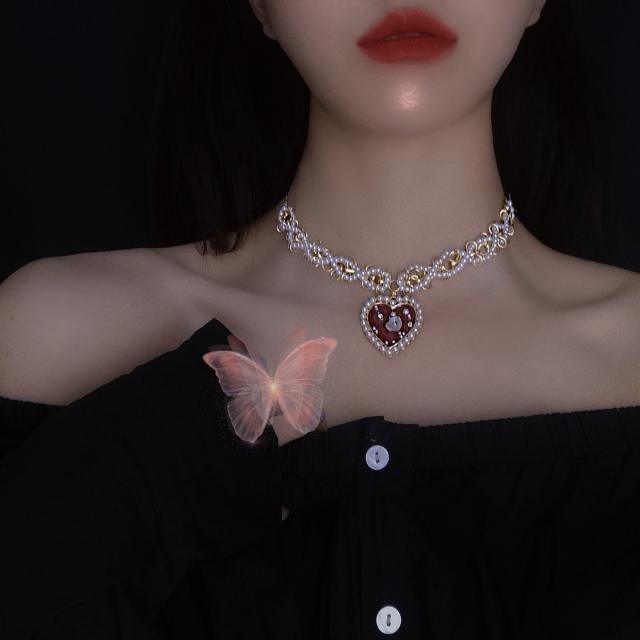 Y2K red heart charm braid pearl bead choker necklace