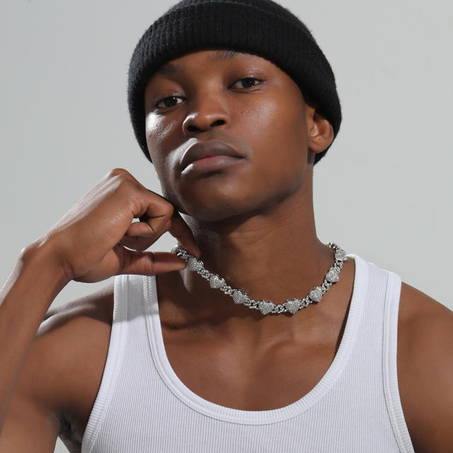 Hiphop diamond heart ice out cuban link chain necklace bracelet set